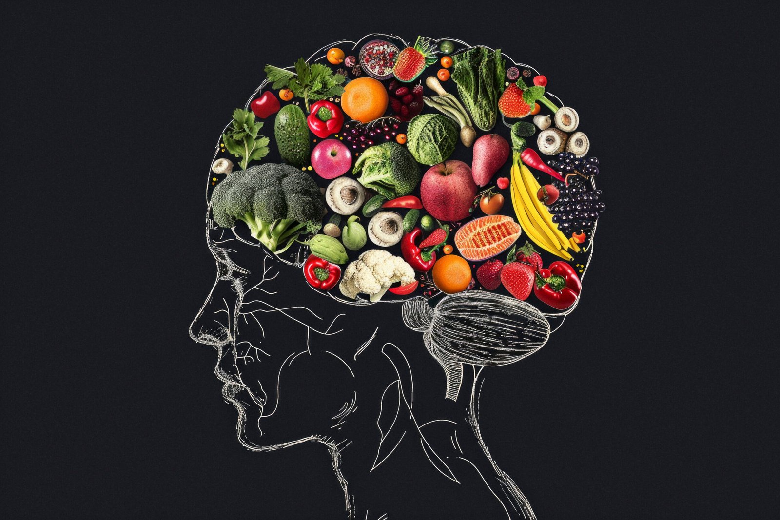 human brain with fruit and vegetables in the centre, in the style of concept art, exacting precision, lightbox, silhouette figures, --ar 3:2 --style raw --v 6 Job ID: da19bc7b-4d6d-4538-af62-433eb73919e5